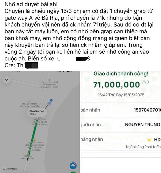 Đi Grap 71K nhưng chuyển nhầm 71 triệu